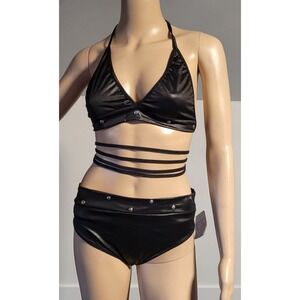 Woman Medium Black Stretch Bikini Rhinestone Studs accent SL4004